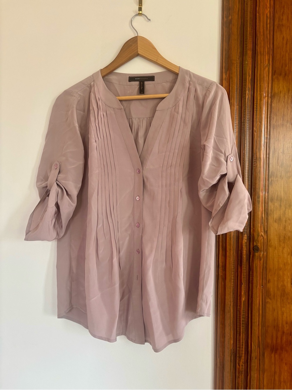 BCBGMaxAzria Dusty Mauve Pleated Button-Front Tunic 100% Silk